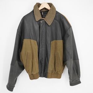 Vtg Saxony Leather Bomber Jacket Mens 44 Colorblock Quilted Lined Insulated 90s